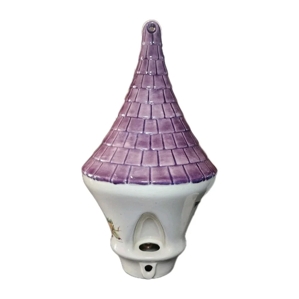 Vintage‎ Ceramic Garden Bird Feeder Whimsical Cottage Purple Turret Roof Rare